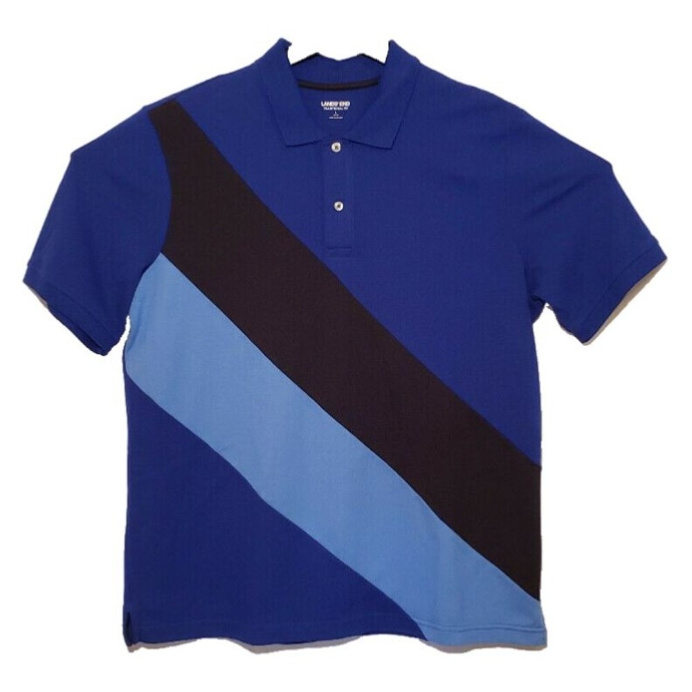 Lands End Traditional Fit Diagonal Colorblock Polo Shirt Mens L Blue EUC